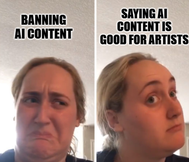 Kombucha-vrouw meme met de bijschriften: &lsquo;AI inhoud verbieden&rsquo; en &lsquo;Zeggen dat AI inhoud goed is voor artiesten.