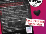 Flyer with a call from Taxi Protest Amsterdam, next to the Tech Workers logo, a black heart emoji, and the name Taxi Protest Amsterdam