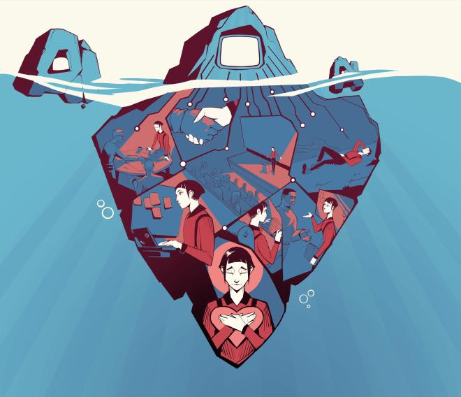 Zijaanzicht van drijvende ijsschotsen. Boven het water zitten schermen in de ijsschotsen. Onder het water zitten in één van de ijsschotsen scenes van werkers die elkaar helpen en samenwerken.